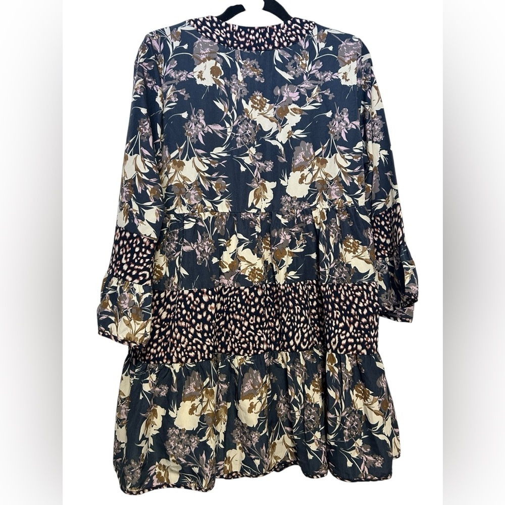 Entro Floral & Leopard Print Tiered Boho Mini Dress Size Medium - Picture 2 of 3